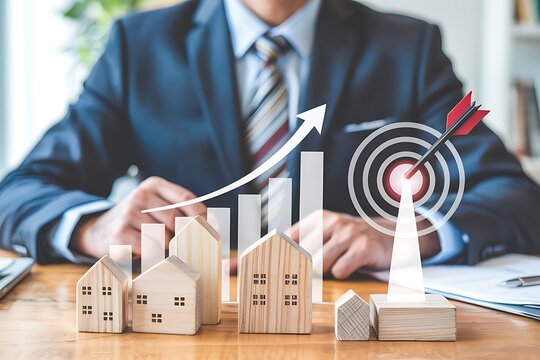 Real estate market growth with rising interest rates. Person writing on laptop with upward graph and house icons, symbolizing property investment and housing trends.