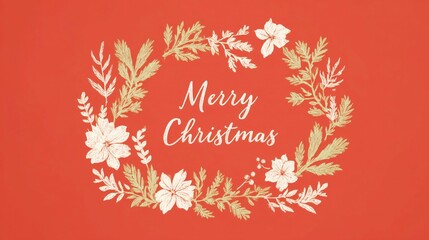 Obraz premium Christmas wallpaper and poster with wreath of flowers and leaves on red background, featuring 