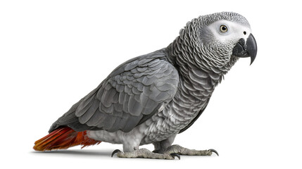 Obraz premium Gray parrot poses, showing feathers. Use for pet services, animal education, or wildlife conservation posters.