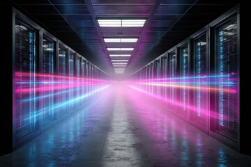 Captivating scene of a glowing server farm in a secluded valley, where mist dances around vivid light trails representing AI connectivity