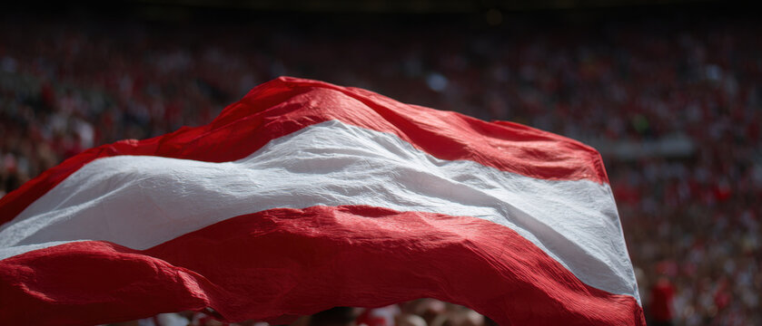Large red white flag waving, stadium crowd, sports match, fan energy surges
