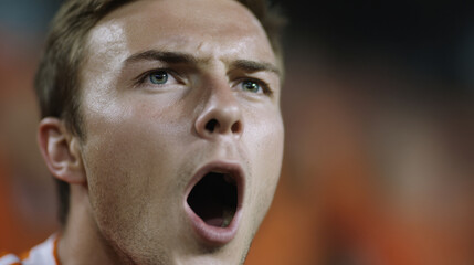 Energetic soccer fan shouting close up, passionate crowd reaction, stadium night atmosphere