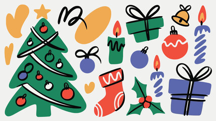 Festive Christmas Doodle Collection with Tree Ornaments Gifts and Holiday Elements