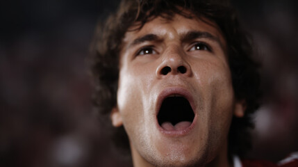 Excited player shouting close up, emotional fan roar, stadium night energy