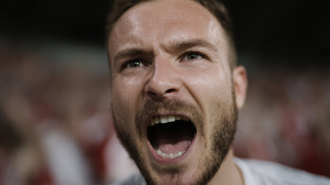Passionate fan shouting, closeup face, intense emotion, stadium crowd energy