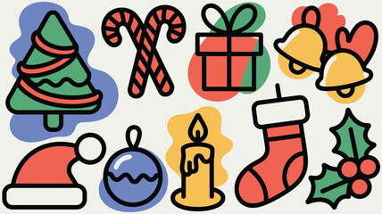 Festive Christmas Icons with Colorful Accents A Holiday Celebration Illustration