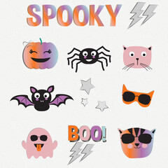 Cute halloween characters and spooky text on a dark textured background