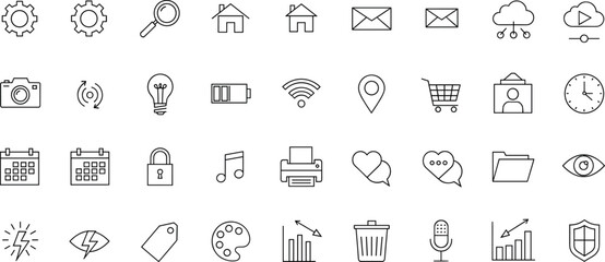 UI icon vector set, black-and-white minimal line symbols for apps 