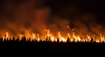 Devastating Forest Fire at Night Illuminates the Dark Sky with Fiery Hues, Casting an Intense Glow Over Silhouetted Trees Amidst Rising Smoke