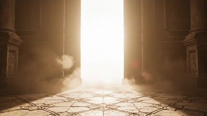 Mysterious illuminated doorway with swirling mist on a tiled floor.