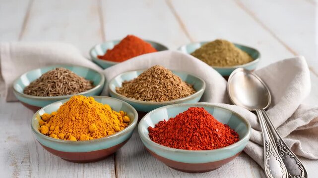 A selection of assorted spices in ceramic bowls, including red pepper, turmeric, cumin, and others. The bowls are placed on a white wooden table with metal spoons. Food and cooking theme.