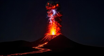 Volcanic Eruption at Night Fiery Lava Flow and Lightning Display Over Mountain Silhouette