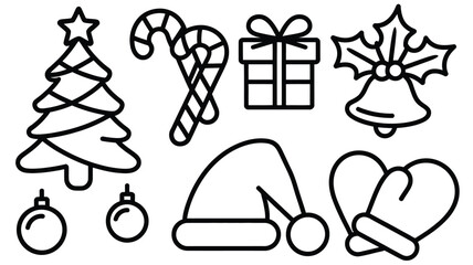 Fototapeta premium Outlined Christmas Icons Tree Candy Cane Gift Bell Hat Ornaments and Mittens