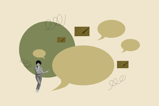 Collage of people chatting through devices with speech bubbles letters showing digital communication business private life concept