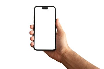 Hand holding the black smartphone with blank screen and modern frameless design in rotated perspective positions - isolated transparent background - Clipping Path