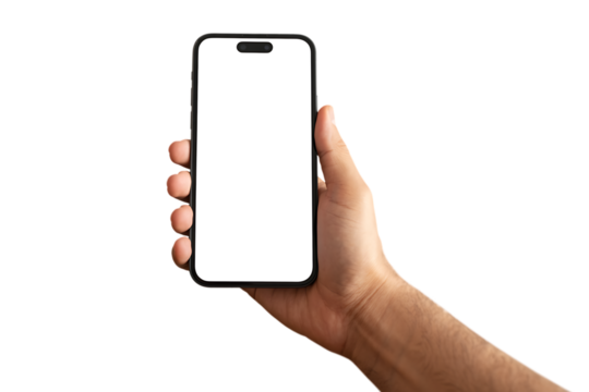Hand holding the black smartphone with blank screen and modern frameless design in rotated perspective positions - isolated transparent background - Clipping Path