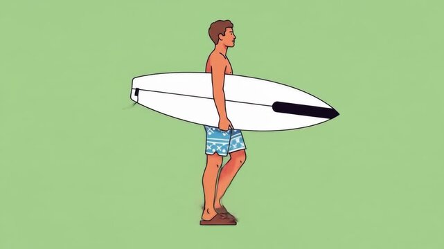 Animated surfer walking with surfboard cycle sequence for cartoon or game development, vector