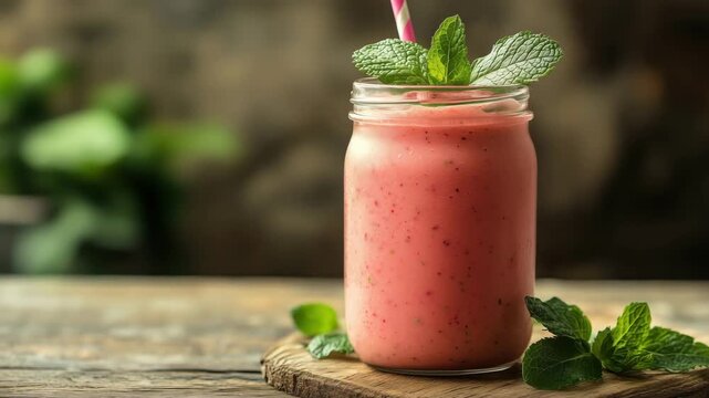 Glass jar filled with a cold pink smoothie, garnished with fresh mint and a pink striped straw. Placed on a wooden board with soft natural background. Healthy and fruity beverage.