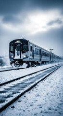Obraz premium Train travels on a snow covered track on a cloudy winter day. Transportation in snowy weather, winter travel, journey concept.