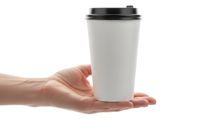 Hand holding a white disposable coffee cup isolated on transparent background