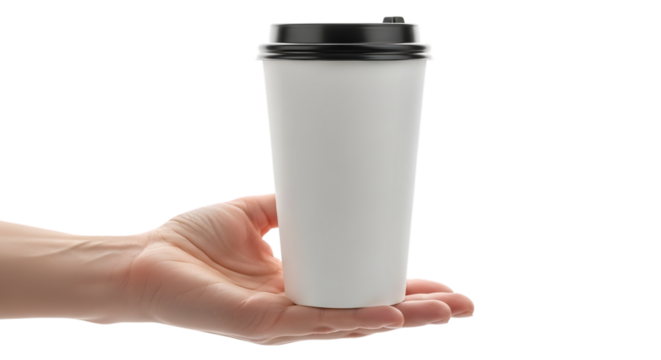 Hand holding a white disposable coffee cup isolated on transparent background - Powered by Adobe