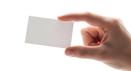 Hand holding a blank business card isolated on transparent background