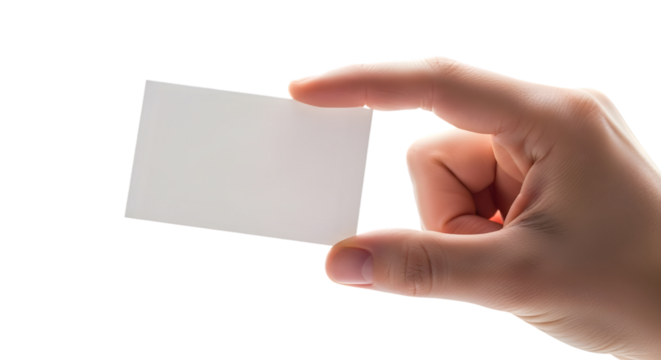 Hand holding a blank business card isolated on transparent background