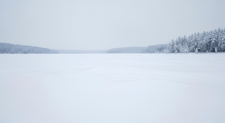 Serene Winterscape Snow-Covered Lake and Forest Under a Grey Sky
