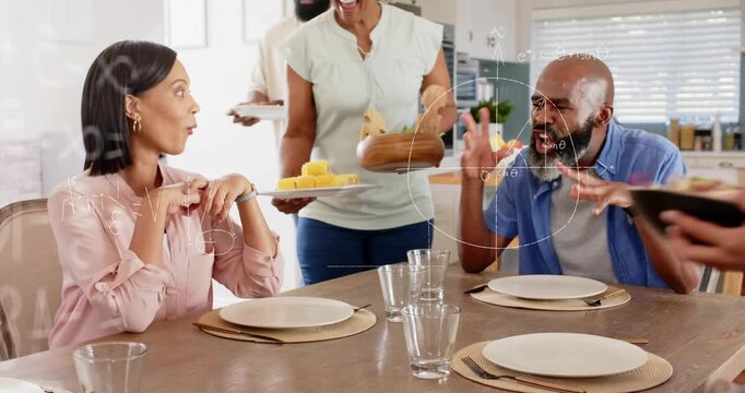 Senior bringing plates, family serving table for meal, education math layering over family