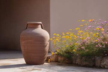 glowing clay jug stands elegantly in dusty light radiating warmth and beauty