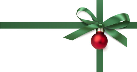 Green bow with Christmas red ball and ribbons isolated on white. New year gift design template. Vector stock illustration. Not AI