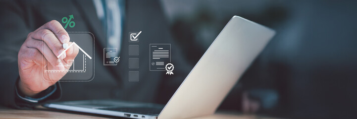 Businessman drawing digital house icon with checkmarks,document symbols represents property...