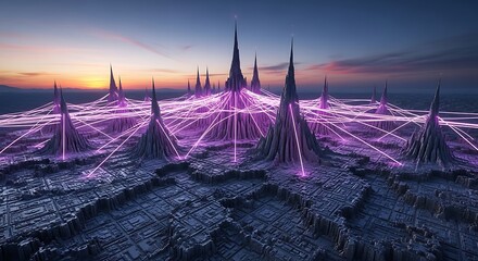 Futuristic city skyline with glowing connections during sunset, perfect for technology, innovation, or metaverse concepts, creating a sense of wonder and technological advancement,Generated Image
