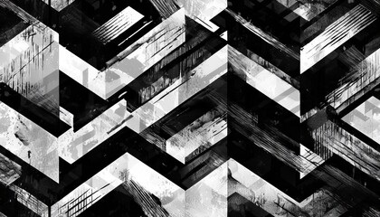 abstract black and white geometric pattern with a textured distressed overlay effect