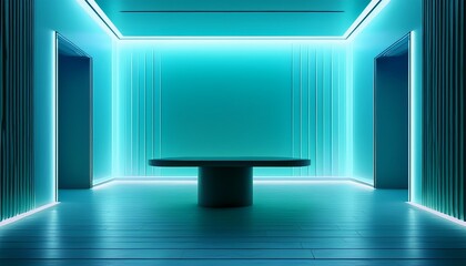 a minimalist bright cyan lit room features a low rectangular table with illuminated edges flanked by two doors and a large window the floor reflects the light