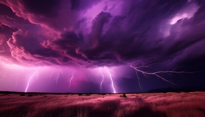 a dramatic purplish pink lightning storm illuminates a turbulent dark sky filled with heavy textured clouds