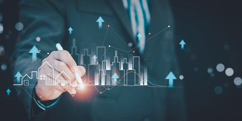 Businessman drawing digital real estate and city icons with rising arrows represents property market growth, investment analysis, urban development trends, financial opportunities in digital economy.