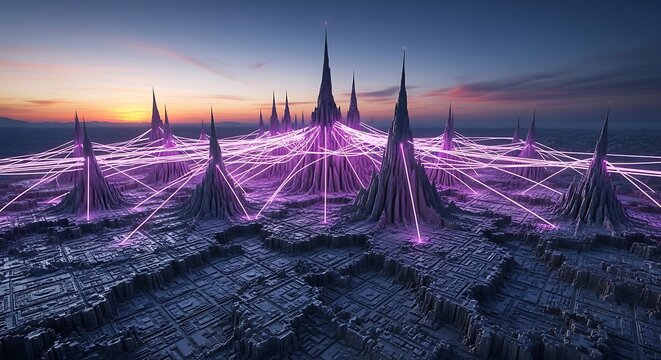 Futuristic city skyline with glowing connections during sunset, perfect for technology, innovation, or metaverse concepts, creating a sense of wonder and technological advancement,Generated Image