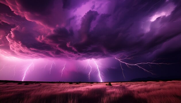 a dramatic purplish pink lightning storm illuminates a turbulent dark sky filled with heavy textured clouds - Powered by Adobe