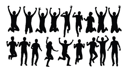Happy jumping people silhouettes isolated on white background, Vector