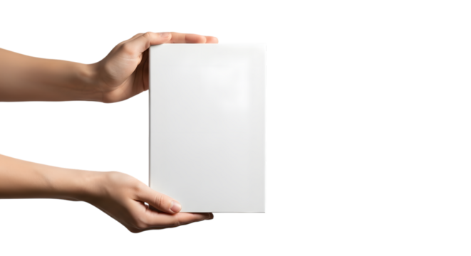 Hands holding a blank white book isolated on transparent background