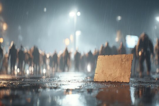 Low angle view of a determined protestor with a cardboard sign, surrounded by blurred figures, rain-soaked streetlights reflecting in puddles
