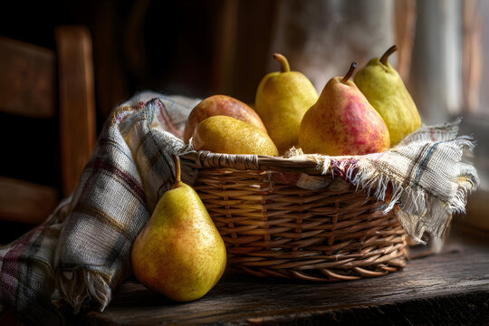 Rustic still life with fresh pears in wicker basket on wooden table - Powered by Adobe