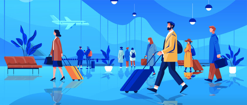 Fototapeta Airport passengers travel modern terminal people walking rolling luggage airplane window blue background waiting area plants lights