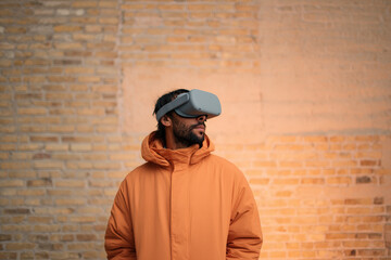 man wearing vr glasses stands in front of brick wall illuminated by soft warm light