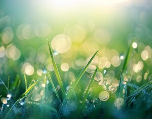 macro photograph of dew drops on green grass with bokeh effect