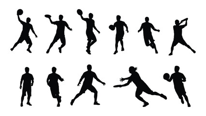 Sports people silhouettes playing frisbee and basketball isolated on white background, Vector