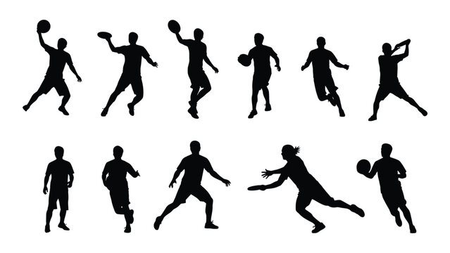 Sports people silhouettes playing frisbee and basketball isolated on white background, Vector