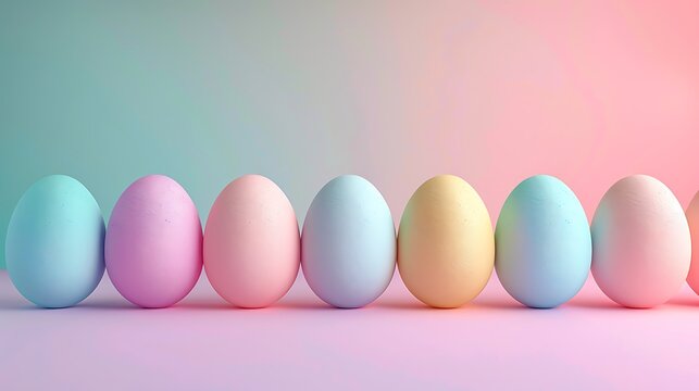 A row of pastel colored easter eggs against a gradient background of pink and light blue colors - Powered by Adobe