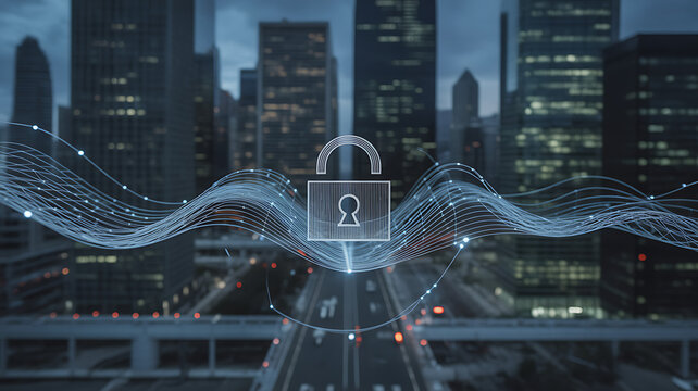Cybersecurity measures in a smart city, a glowing padlock hovers over a cityscape, representing data protection and secure network infrastructure for urban technology - Powered by Adobe